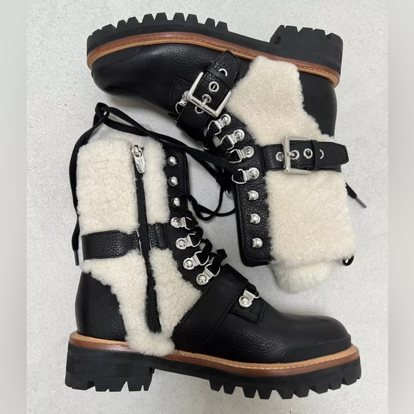 Sigerson Morrison Shearling and Black Leather Combat Boots 8M